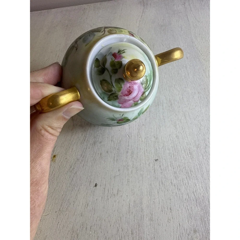 Vintage Hand Painted Porcelain Sugar Bowl Pink‎ Rose Floral Gold Gilt Handles